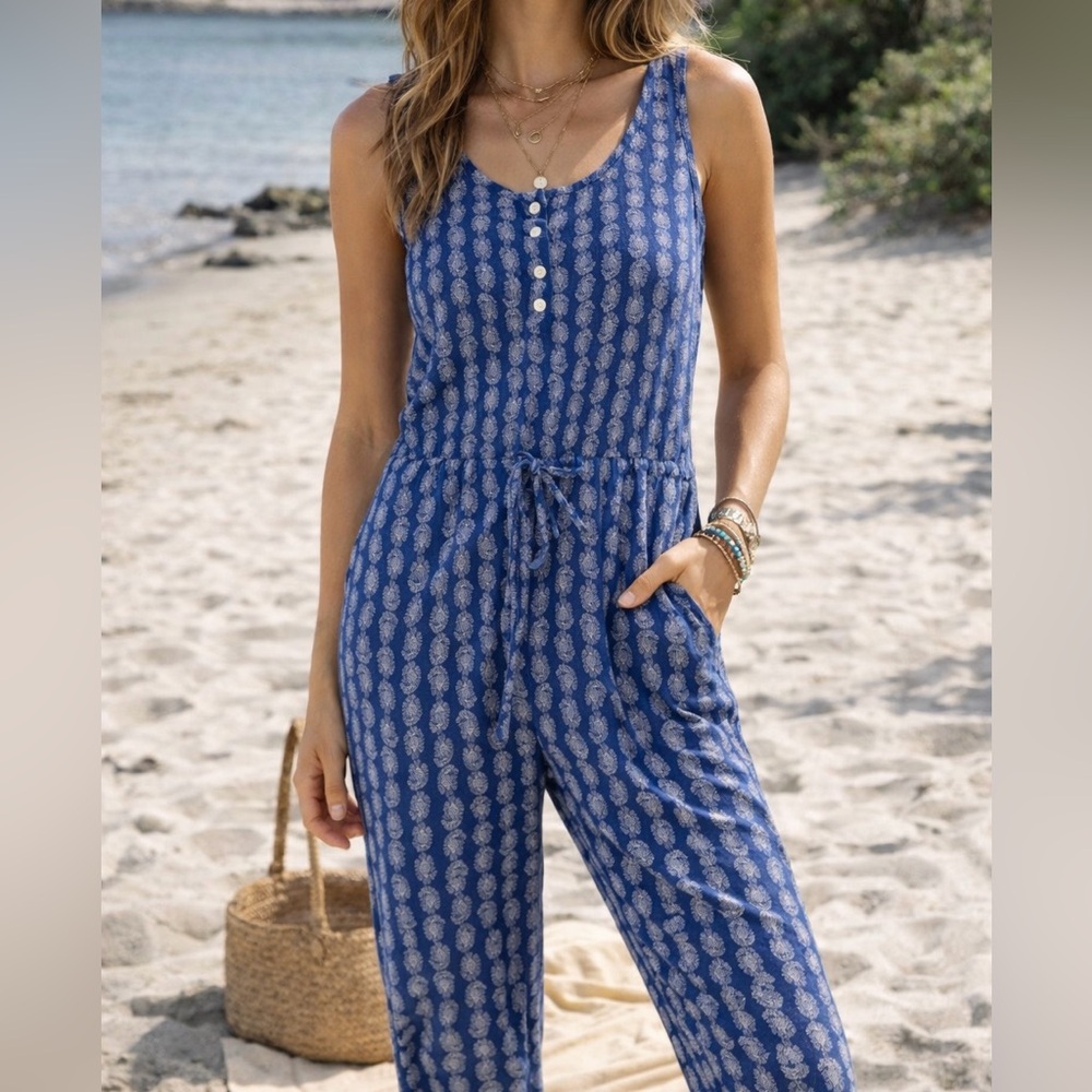 Chaps Blue Paisley Jumpsuit Sleeveless Tie Waist Petite Small Boho Summer